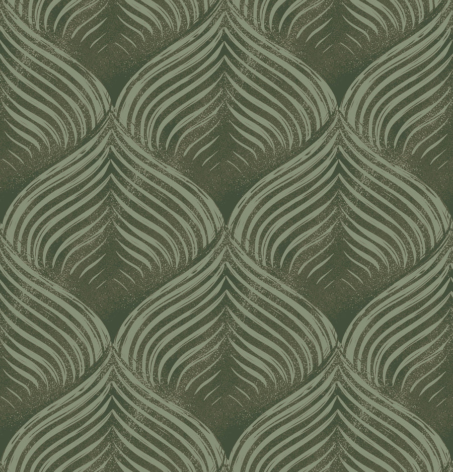 Abstract Petals Wallpaper - Green Art Deco Blockprint