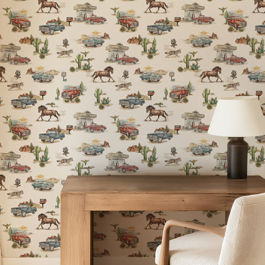 Cream Western Wallpaper in a room with a wooden desk and chair
