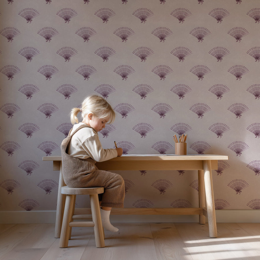 Baby girl is sitting in front of Light Pink Coquette Preppy Bow Fan Wallpaper