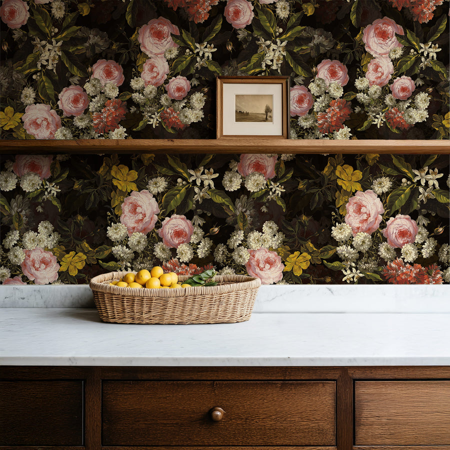 Baroque Twilight Rose Wallpaper with a basket of fruit on a countertop