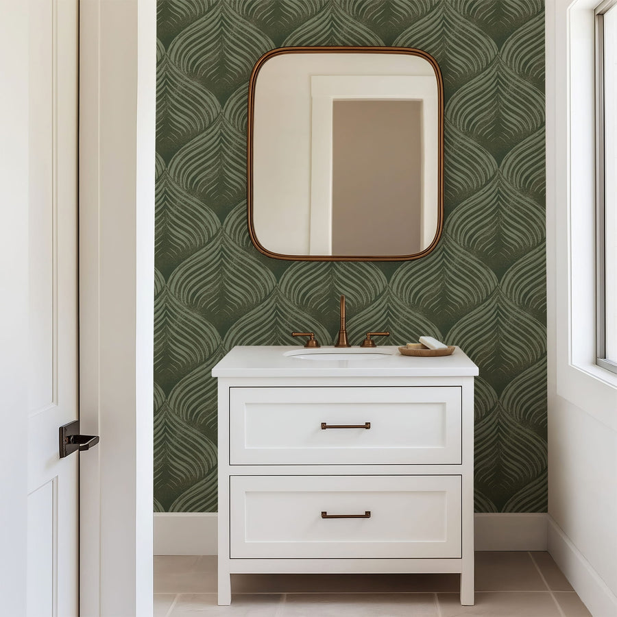 Bathroom with Abstract Petals Wallpaper - Green Art Deco Blockprint