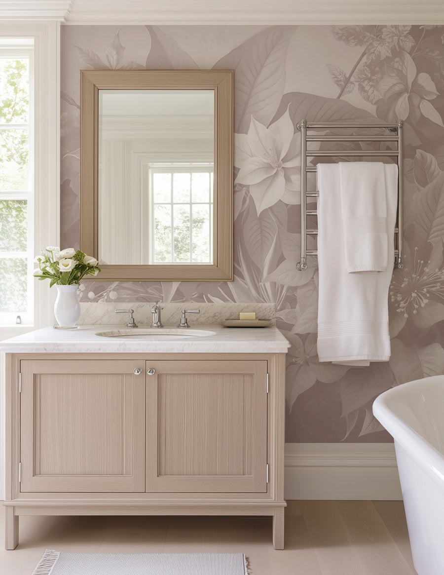 Bathroom with Dusty Mauve Vintage Botanical Wall Mural
