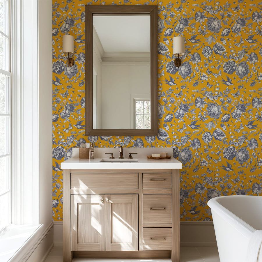 Bathroom with Yellow Vintage Floral Wallpaper – Grey Botanical & Bird Pattern, sink, mirror, and bathtub.