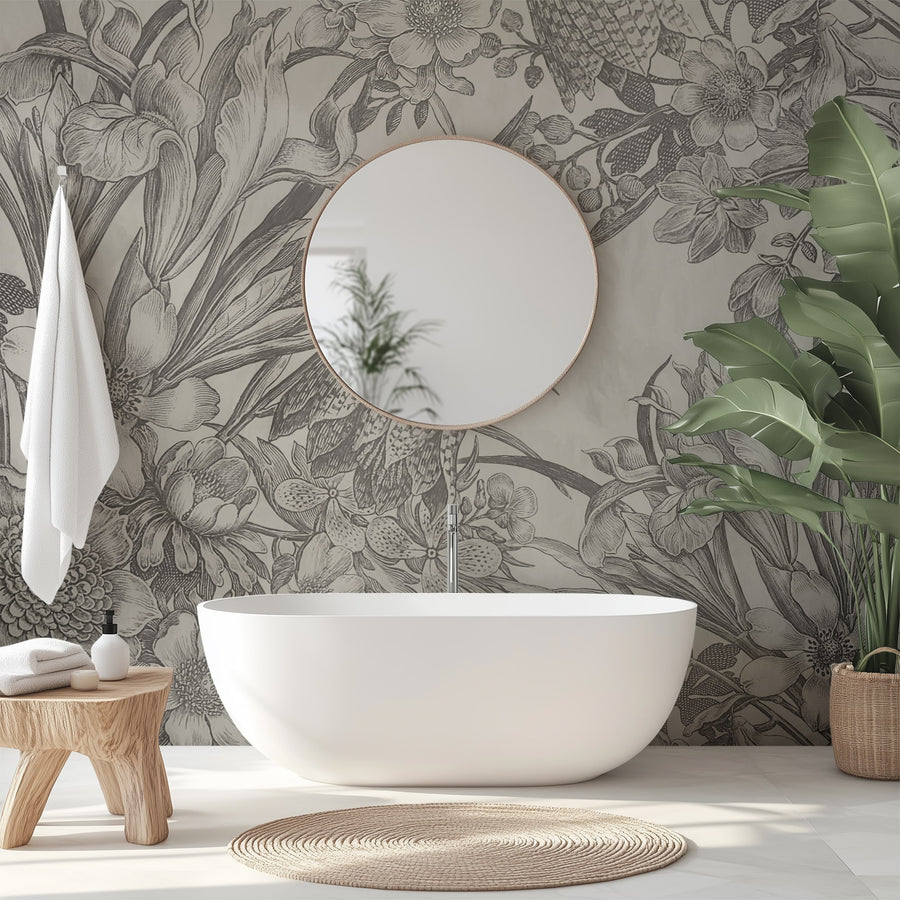 Bathroom with a white freestanding bathtub against a Vintage Etched Tulip & Narcissus Floral Wall Mural