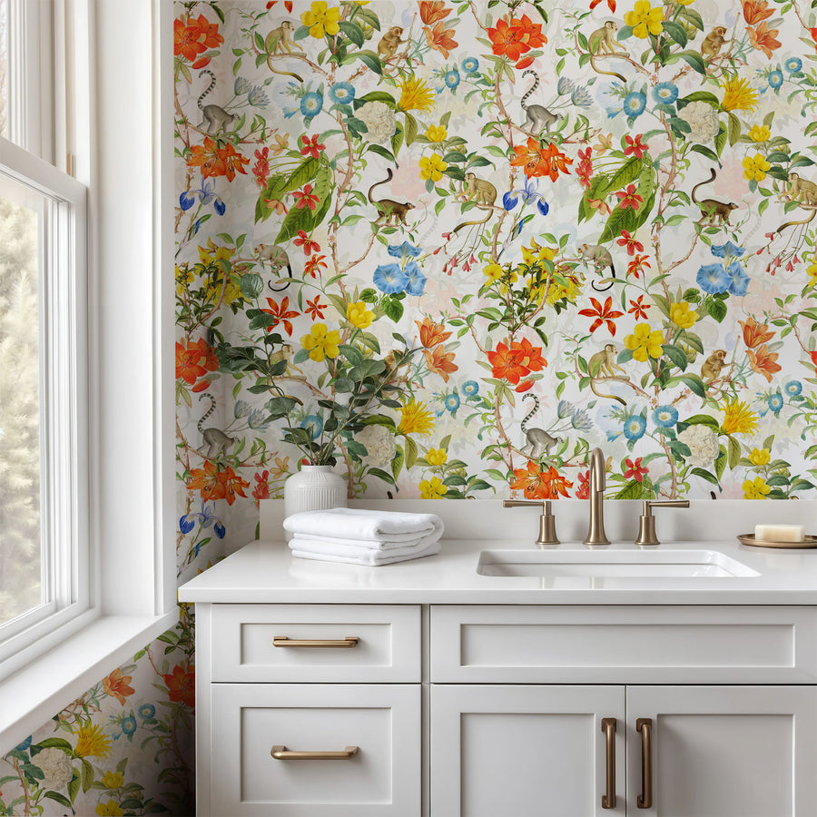 Bathroom with white vanity, Bright Tropical Wallpaper – Monkeys & Botanical Floral Pattern