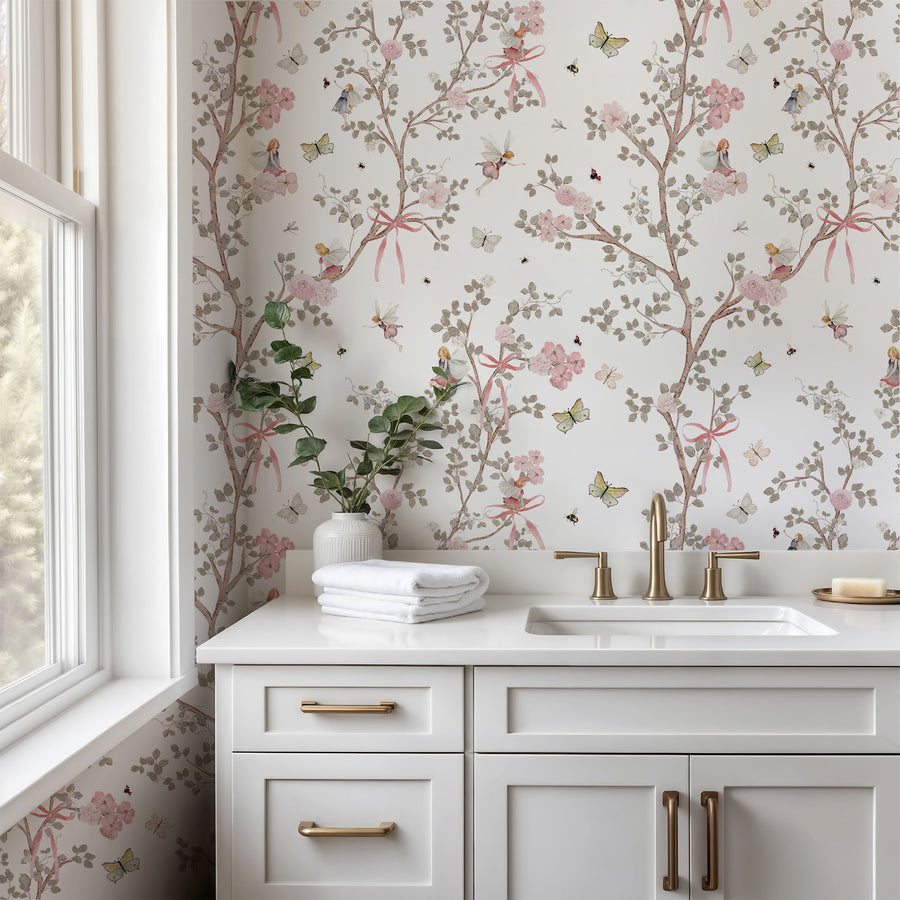 Bathroom with white vanity and Fairy Garden Wallpaper – Pink Floral Branches & Butterflies