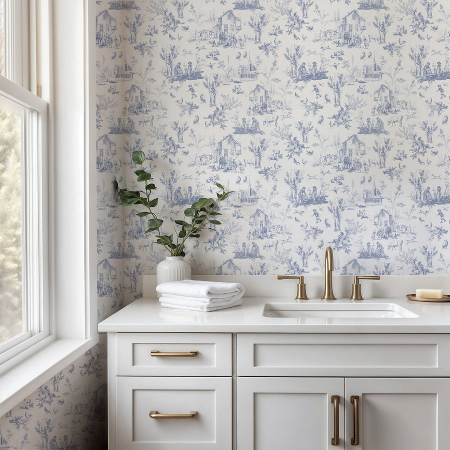Bathroom with white vanity, sink, and Blue Village Toile Wallpaper – French Country Life Pattern