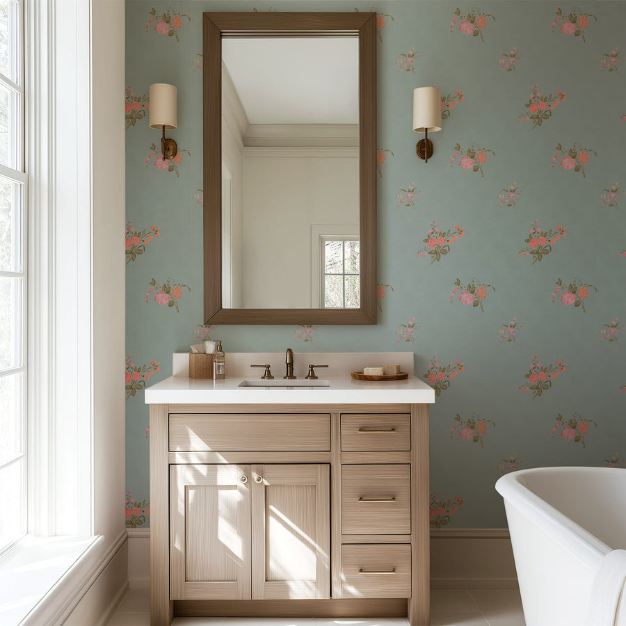 Bathroom with wooden vanity, mirror, and Vintage Heirloom Floral Bouquet Wallpaper in Blue