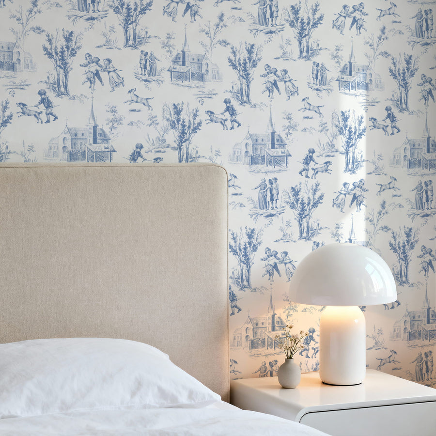 Bedroom with Blue Toile de Jouy Wallpaper – French Pastoral Scene