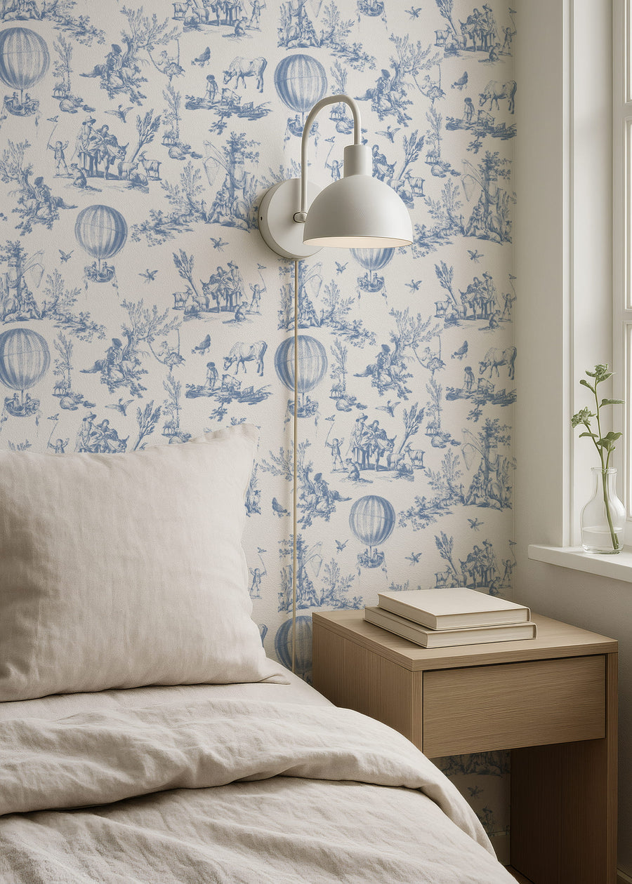 Bedroom with Blue Watercolor Toile Wallpaper – Hot Air Balloon Pattern