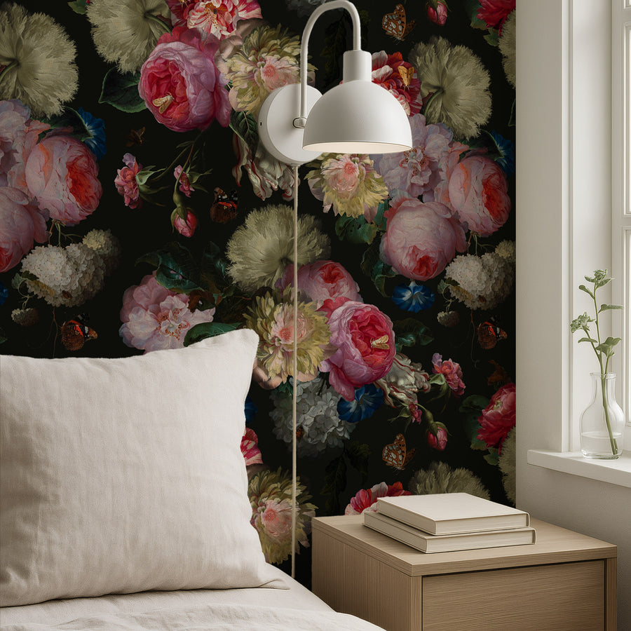 Bedroom with Dark Floral Wallpaper – Romantic Oil Painted Garden Bloom