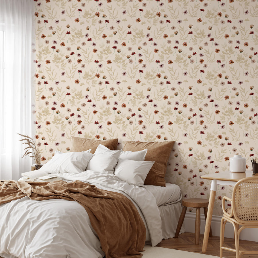 Bedroom with Fern Leaves Peel and Stick Wallpaper