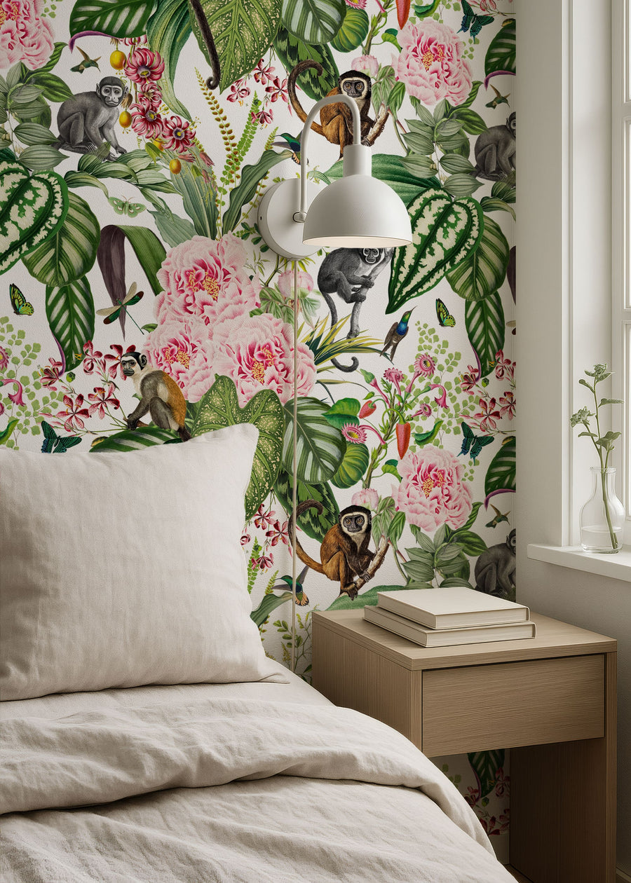 Bedroom with Jungle Paradise Wallpaper with Pink Flowers & Monkeys