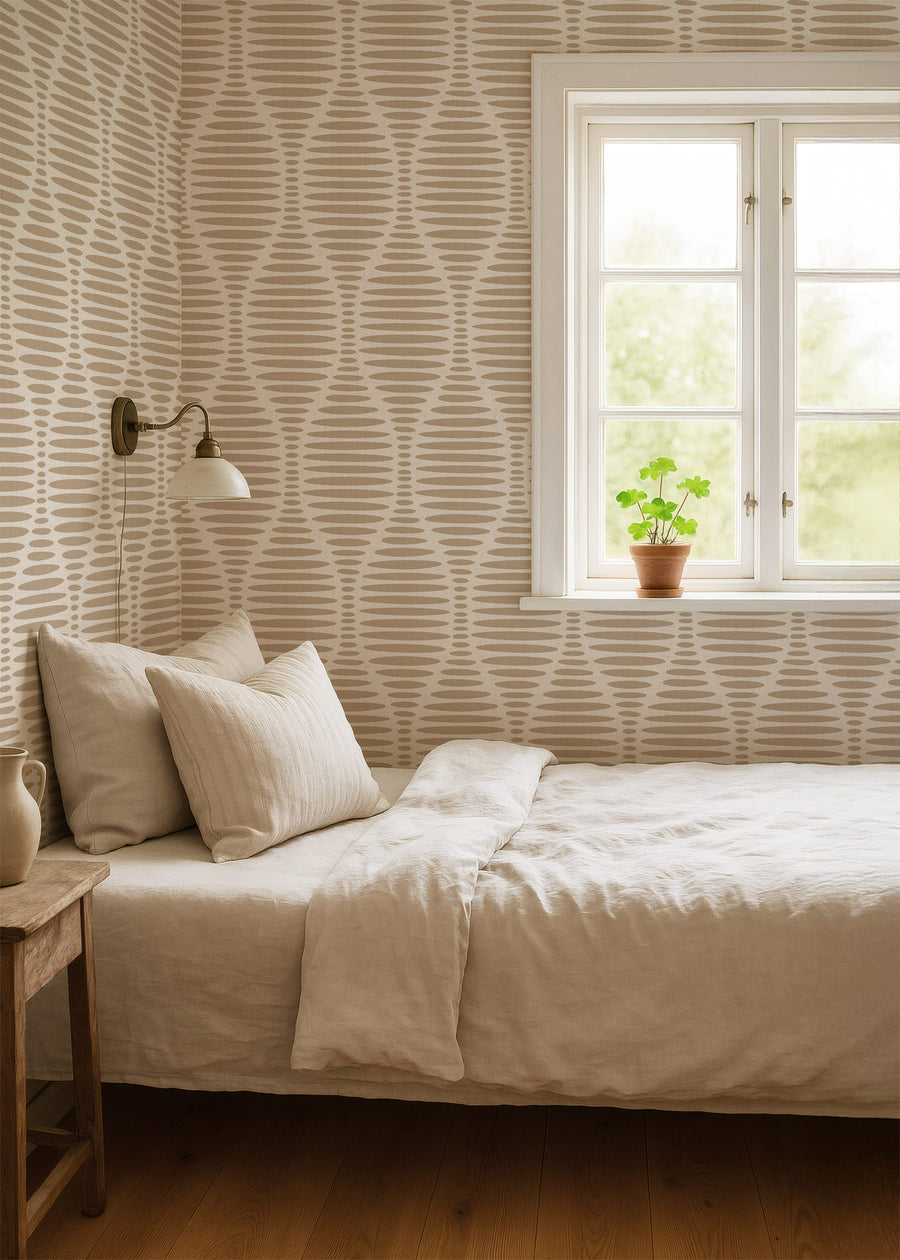 Bedroom with Ogee Sketchy Ovals Wallpaper - Brown & Cream, bed, and window with plant