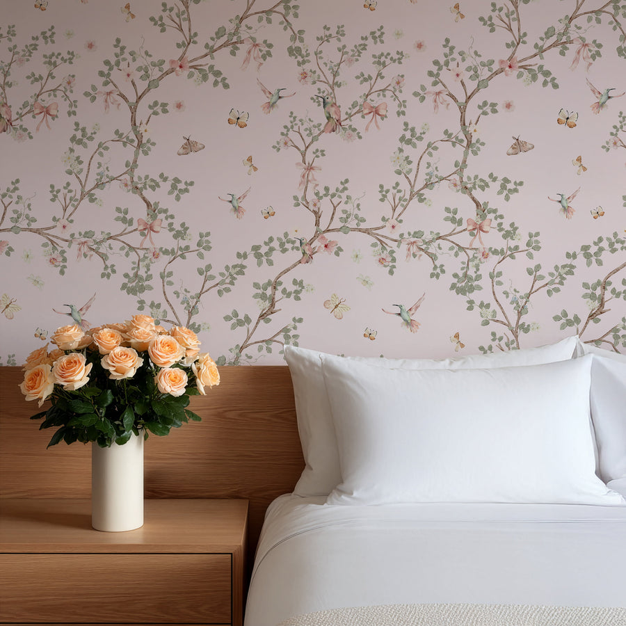 Bedroom with Pink Hummingbird Wallpaper – Chinoiserie Branches & Bows