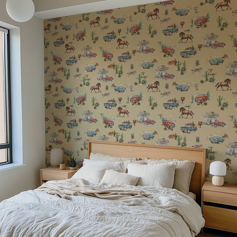 Bedroom with Sand Western Wallpaper featuring cars, horses, and cacti.