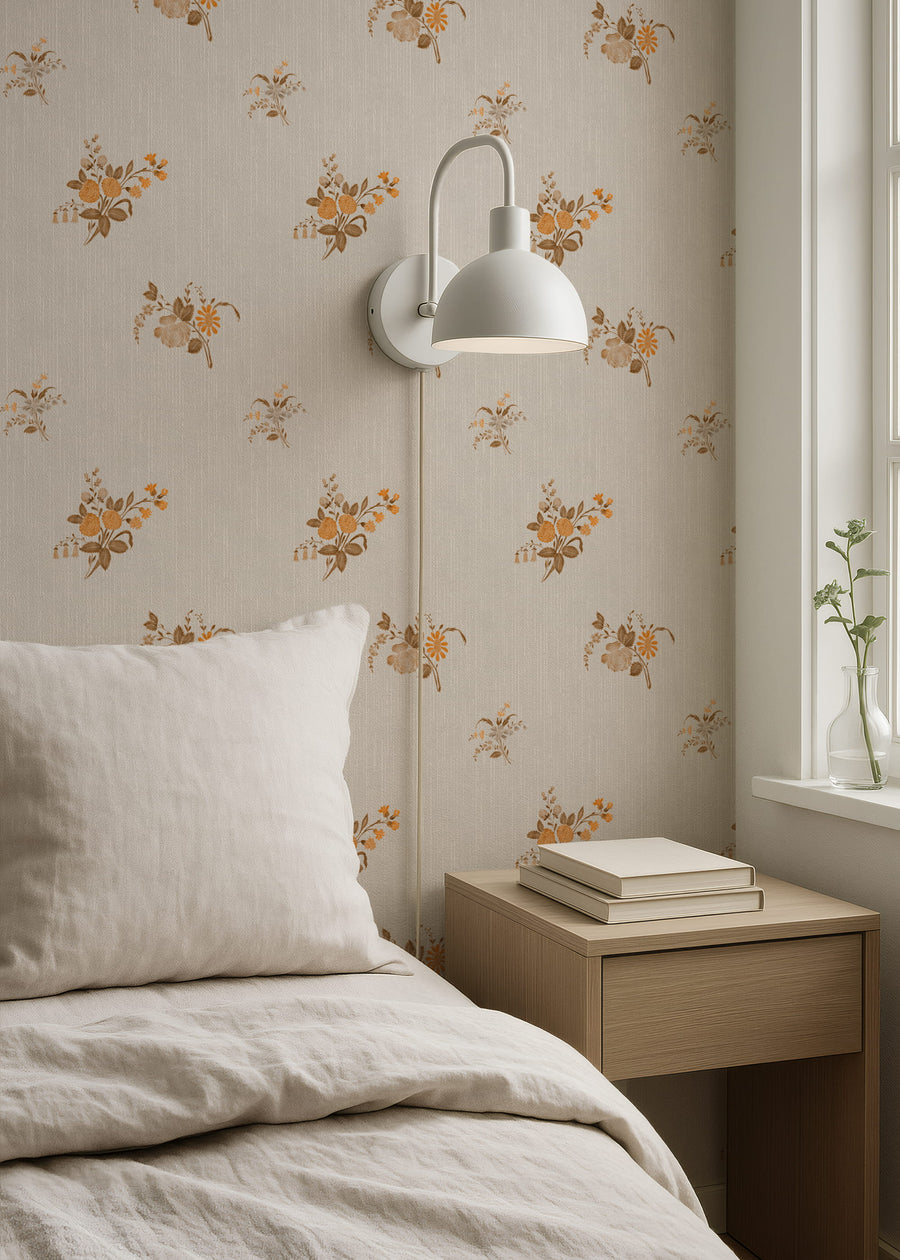 Bedroom with Vintage Heirloom Floral Bouquet Wallpaper - Warm Beige white wall lamp, and wooden nightstand.