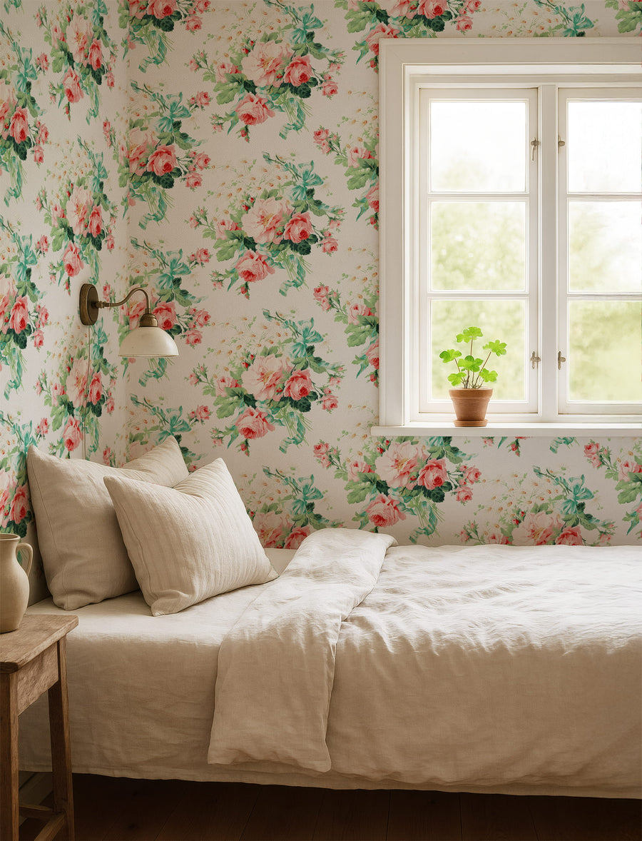 Bedroom with Vintage Rose Bouquet Wallpaper, bed, and window with plant