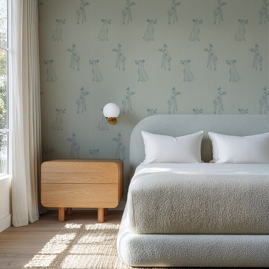 Bedroom with a bed, wooden nightstand, and Blue Stripe Playful Dog Silhouette Wallpaper