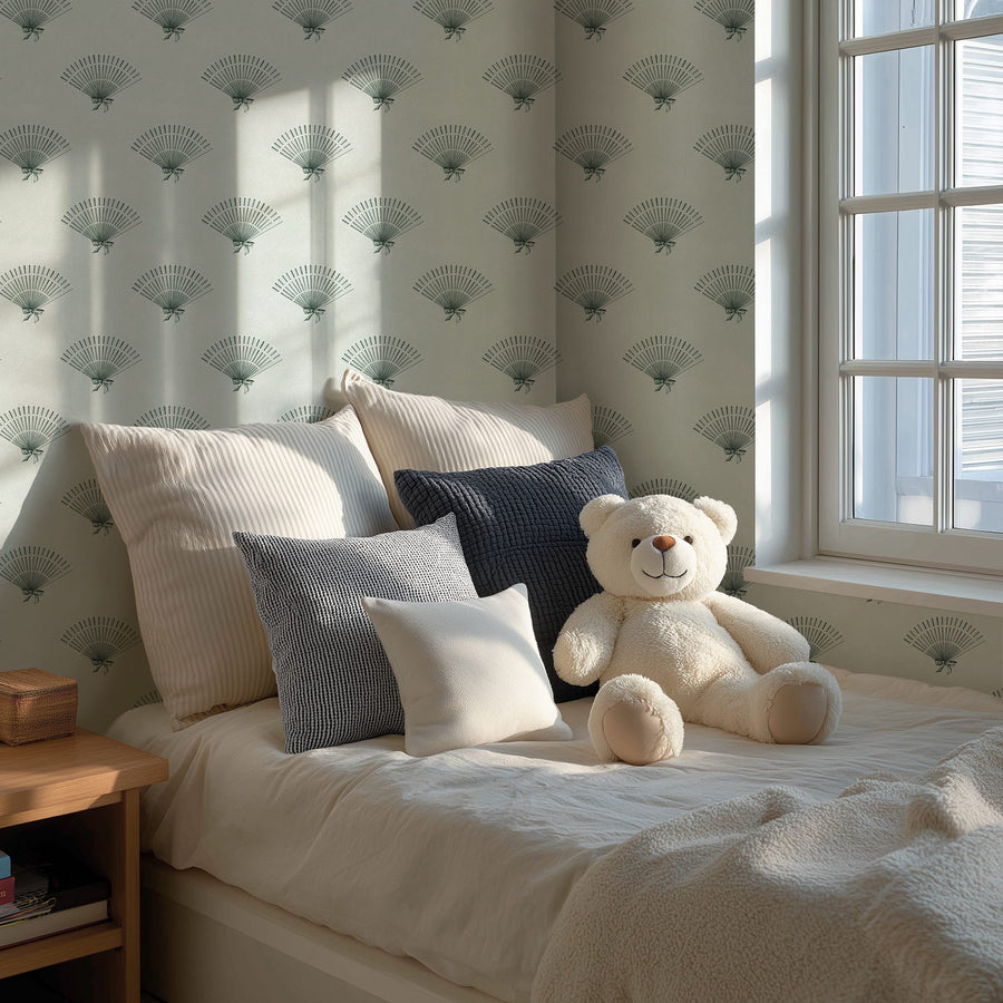 Bedroom with a teddy bear on a bed against a Mint Green Preppy Coquette Bow Fan Wallpaper
