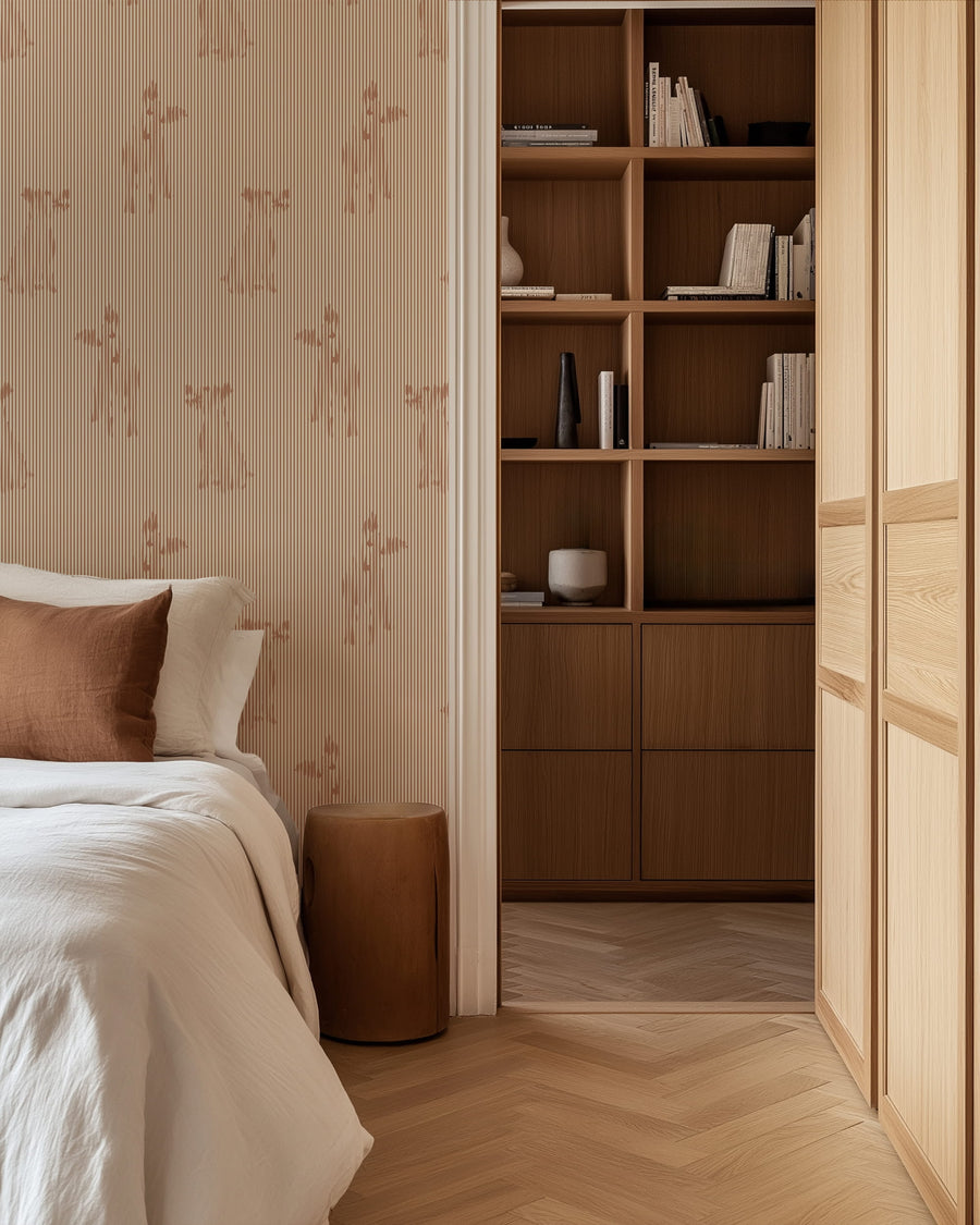 Bedroom with wooden bookshelf closet, and Terracotta Stripe with Dog Silhouette Wallpaper