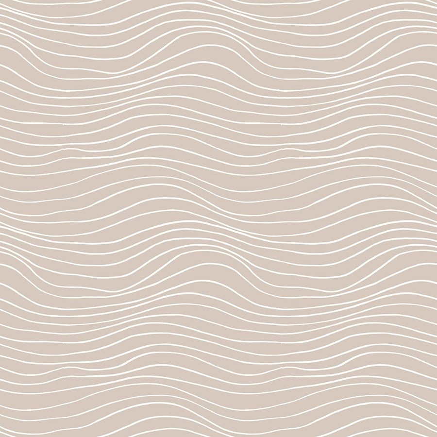 Beige minimalist wallpaper with white wavy line pattern for modern neutral interiors