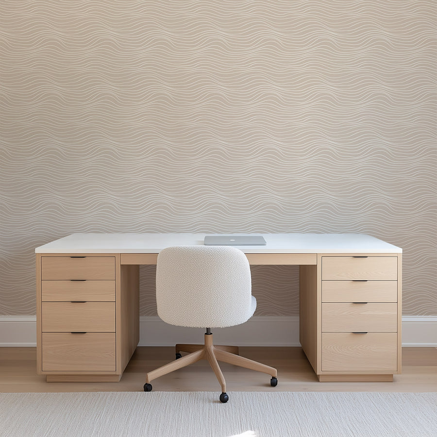 Beige minimalist wallpaper with white wavy line pattern for modern neutral interiors