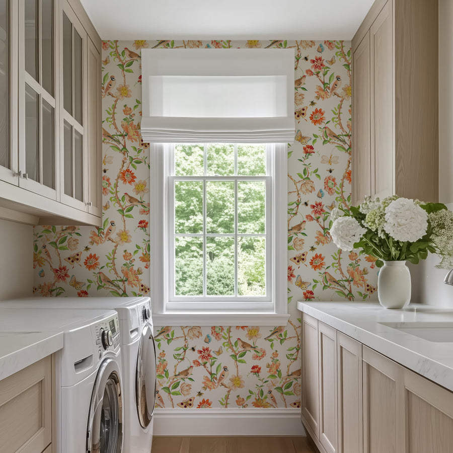 Laundry room with Chinoiserie Garden Wallpaper – Birds, Butterflies & Blooms, washer, dryer, and a window