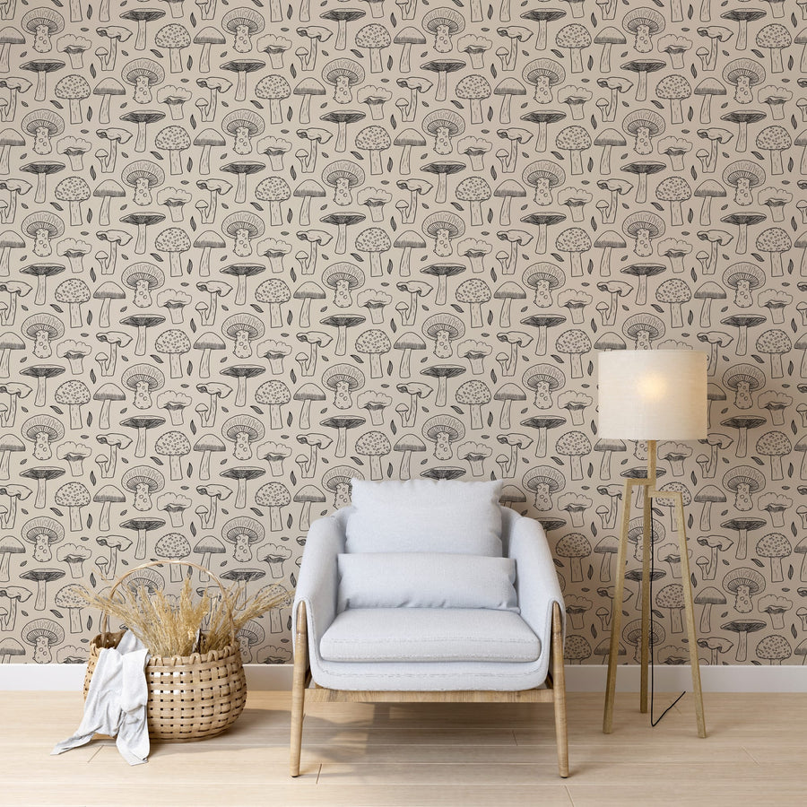 Vintage Black Mushroom Wallpaper - Hand Drawn Peel and Stick Wallpaper