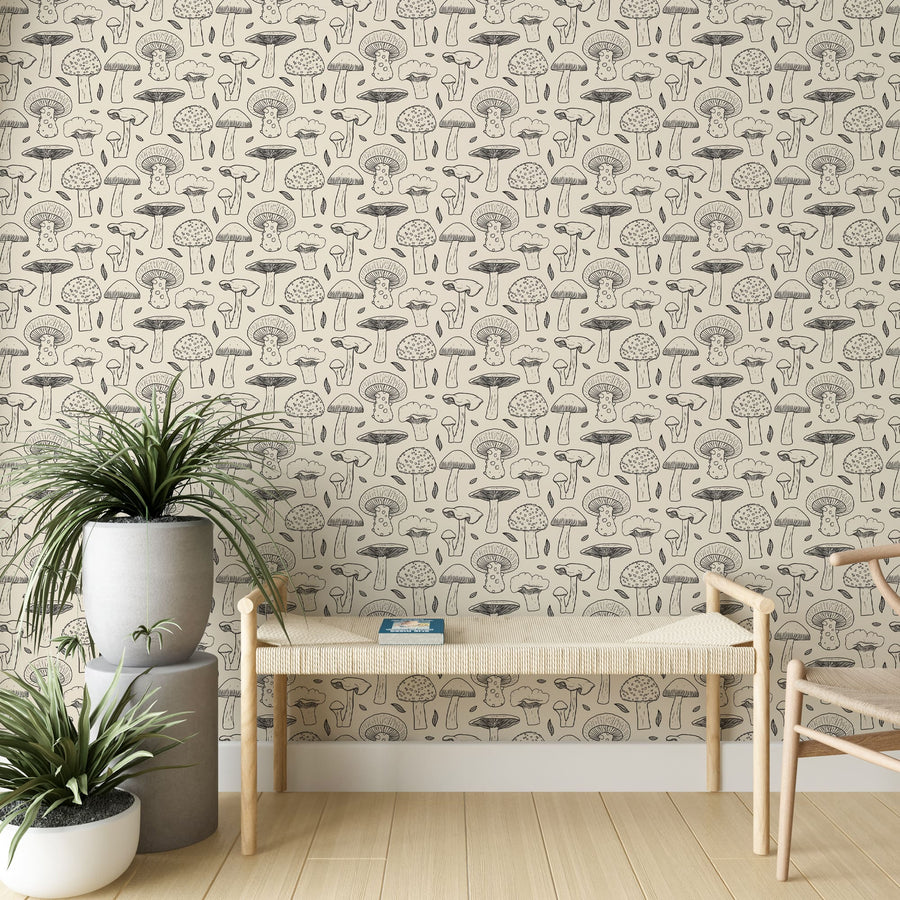 Vintage Black Mushroom Wallpaper - Hand Drawn Peel and Stick Wallpaper