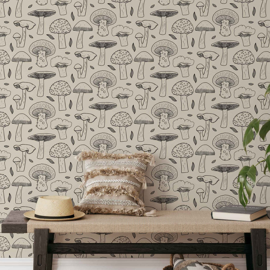 Vintage Black Mushroom Wallpaper - Hand Drawn Peel and Stick Wallpaper