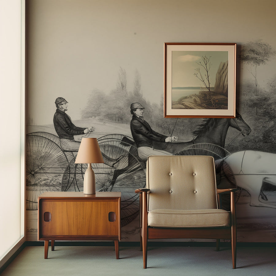Vintage Horse Racing Black and White Wallpaper Mural
