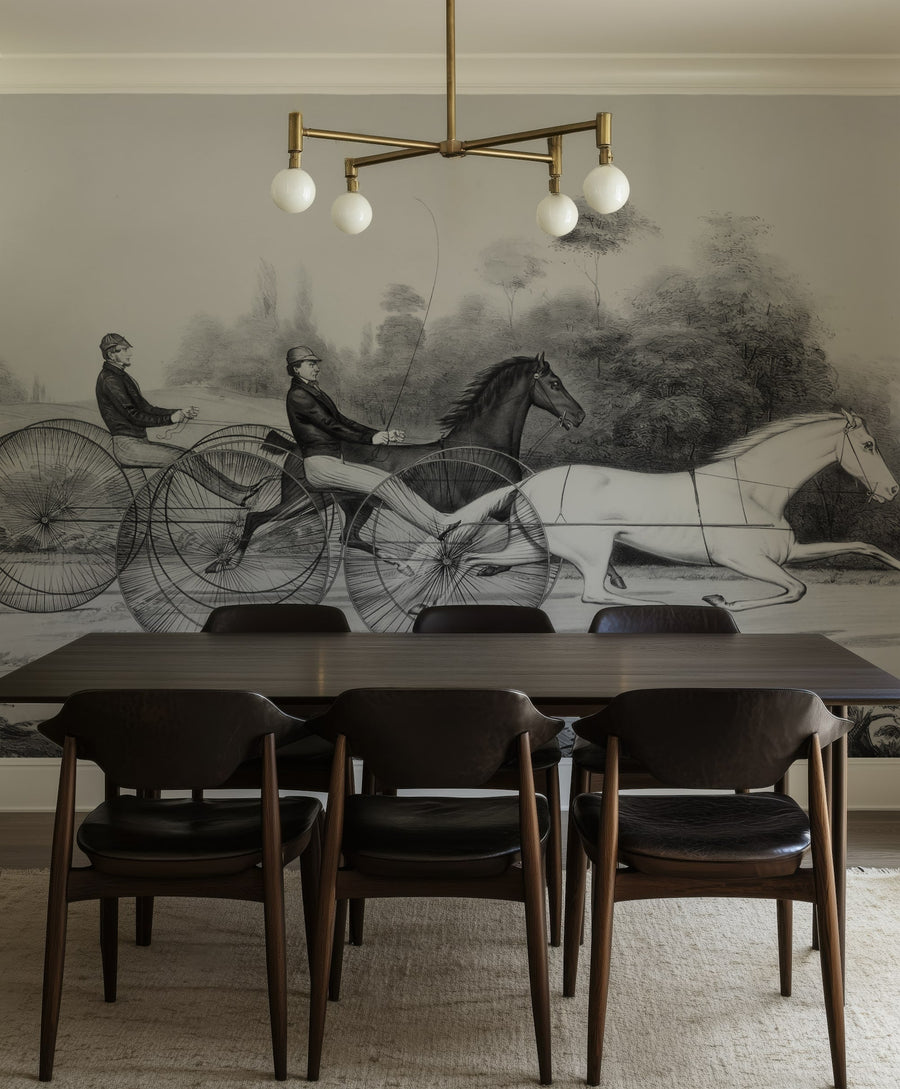 Vintage Horse Racing Black and White Wallpaper Mural