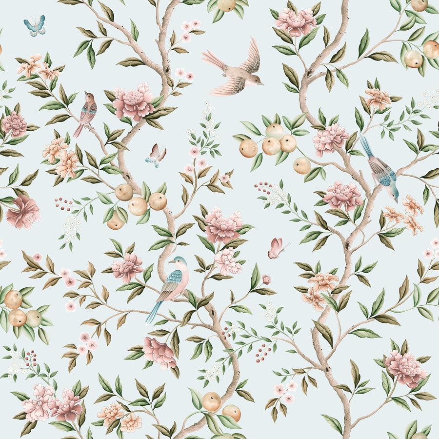 Pink chinoiserie garden wallpaper pattern repeat tile - peonies, birds, butterflies and golden fruits on light blue ground