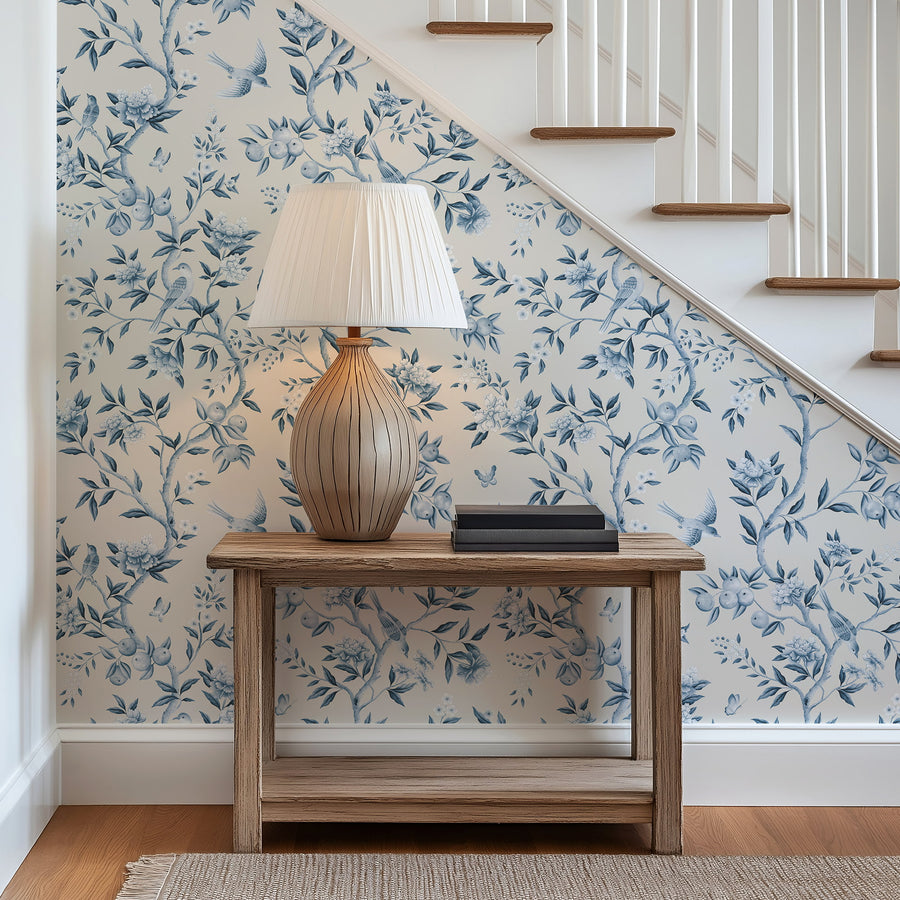 Blue and white chinoiserie bird garden wallpaper in room setting - removable peel and stick wallpaper by EazzyWalls