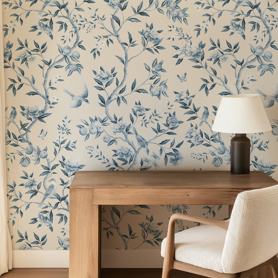 Blue Chinoiserie Bird Olivia's Garden Wallpaper - hand painted birds and pomegranates on cream background by Maja Pitschmann