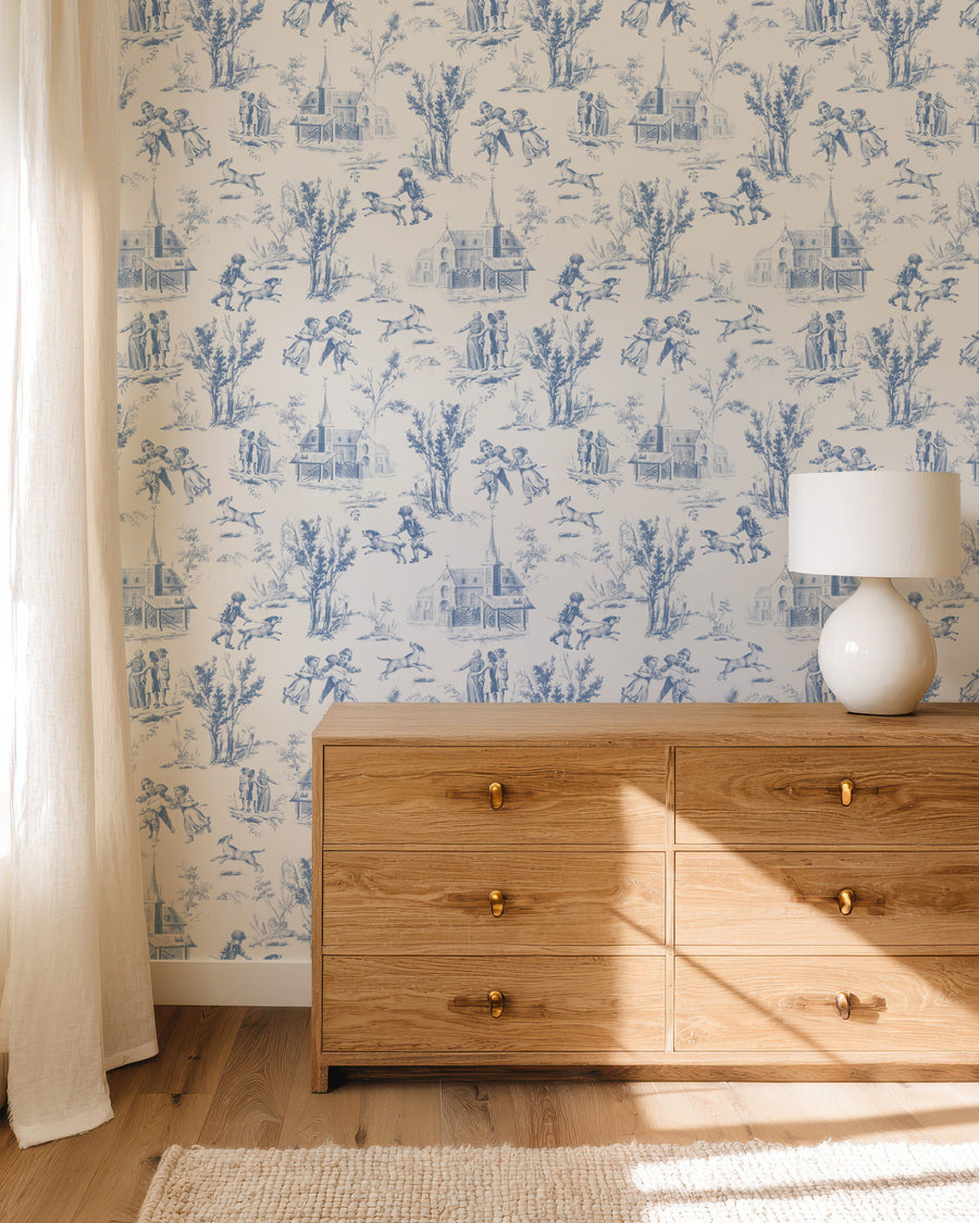 Wooden dresser with Blue Toile de Jouy Wallpaper – French Pastoral Scene