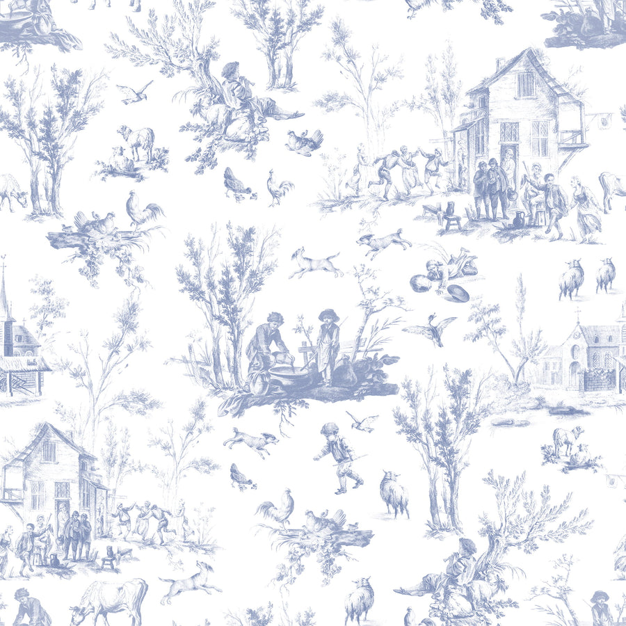 Blue Village Toile Wallpaper – French Country Life Pattern