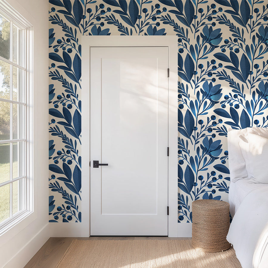Blue Flowers and Leaves Peel & Stick Wallpaper Removable Wallpaper