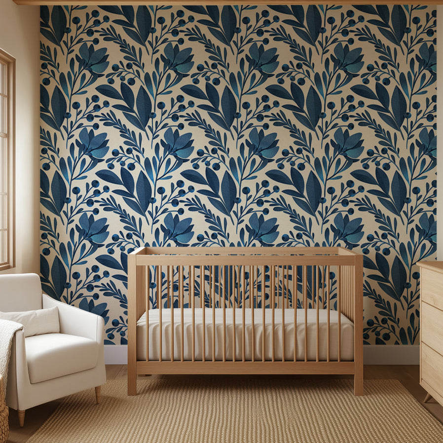 Blue Flowers and Leaves Peel & Stick Wallpaper Removable Wallpaper