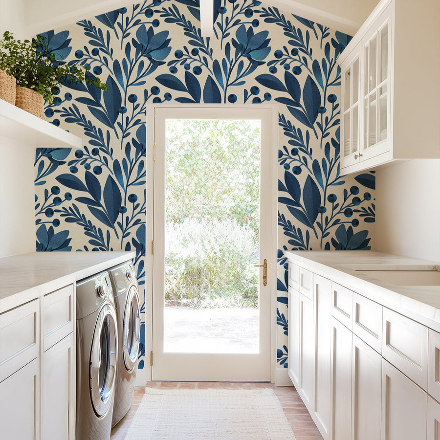 Blue Flowers and Leaves Peel & Stick Wallpaper Removable Wallpaper