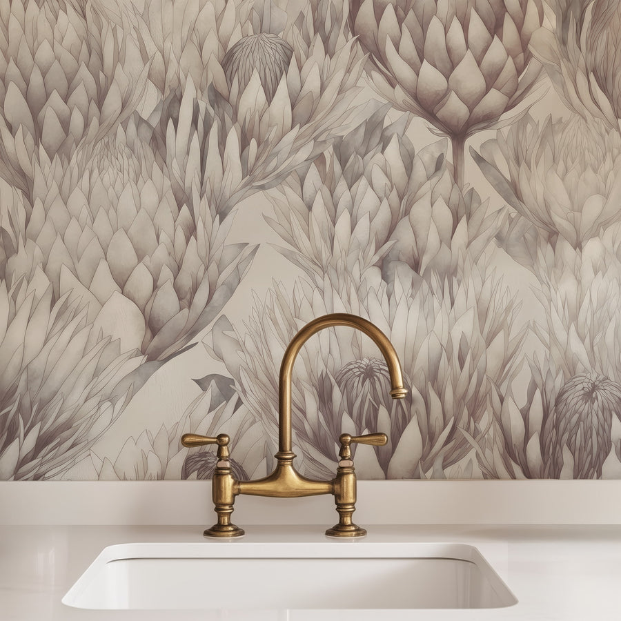 Brass kitchen faucet over a sink with a Vintage Protea Flowers Botanical Wall Mural