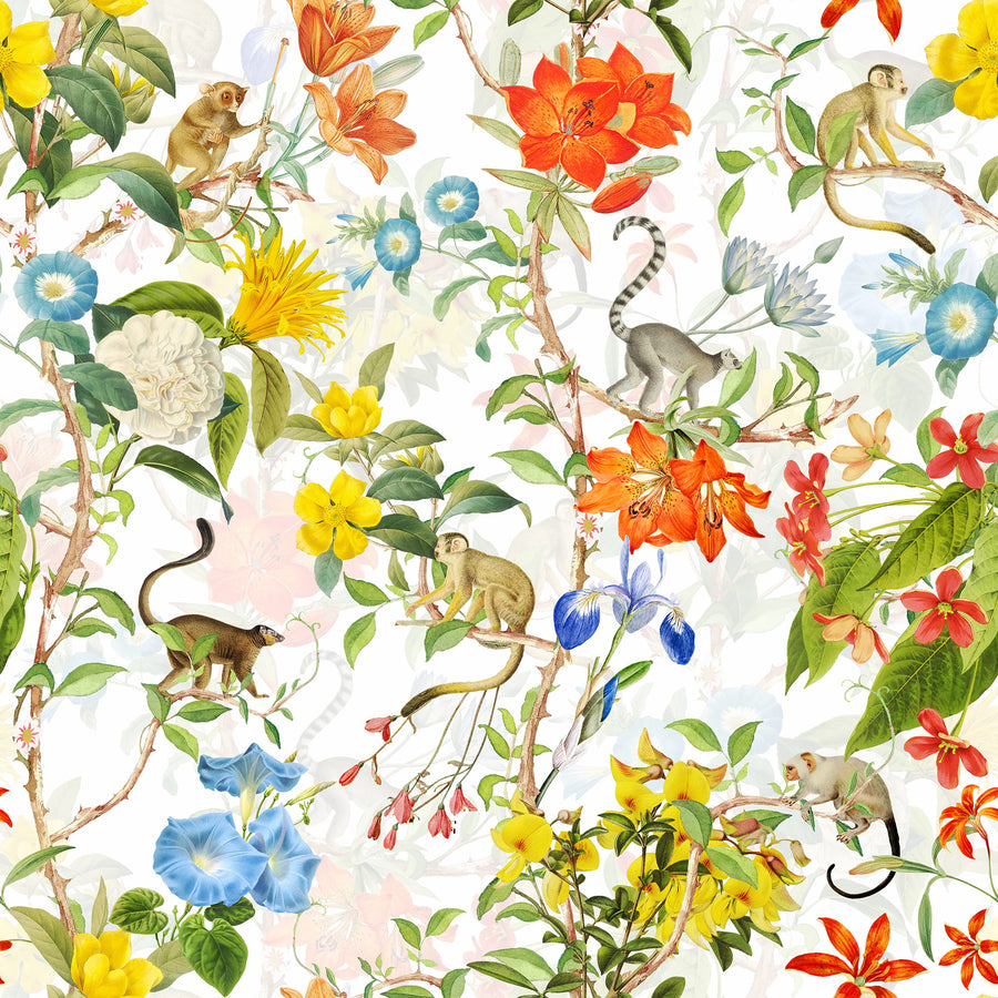 Bright Tropical Wallpaper – Monkeys & Botanical Floral Pattern