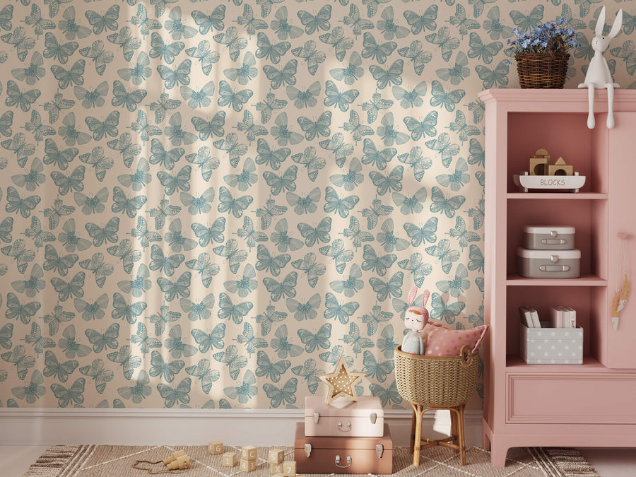 Whimsical Butterfly Wallpaper - Soft Blue Vintage Wallpaper