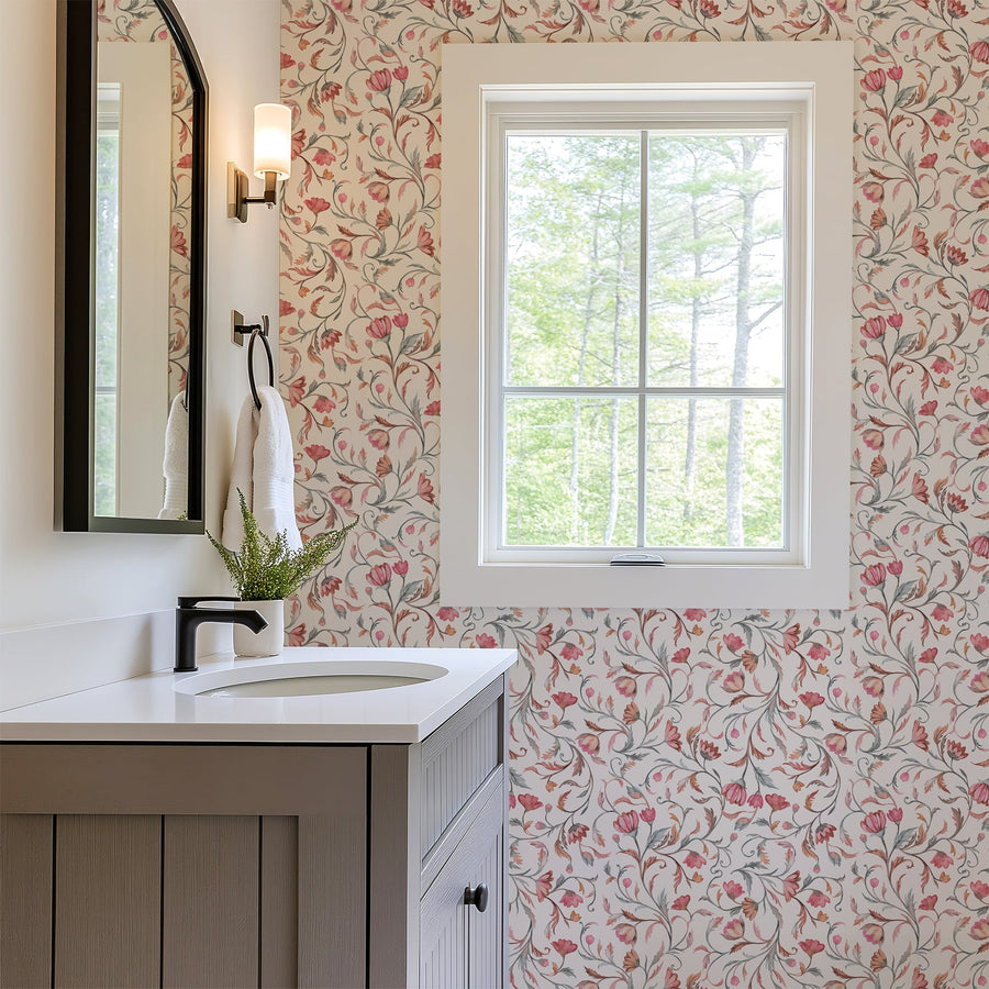 Blush Vine Elegance – Handpainted Floral Wallpaper in Rosewood & Taupe