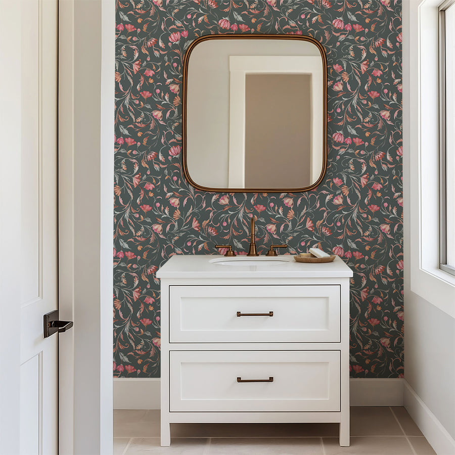 Midnight Bloom – Moody Floral Wallpaper in Rosewood & Charcoal