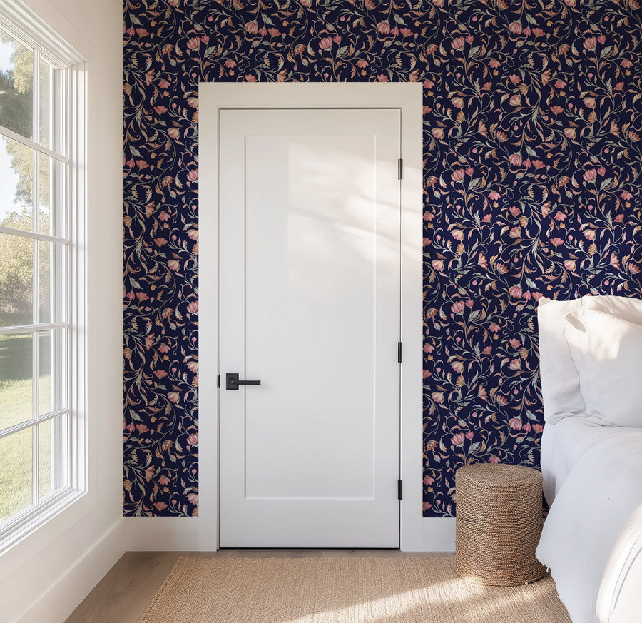 Twilight Garden – Dark Navy Floral Wallpaper with Vintage Blooms