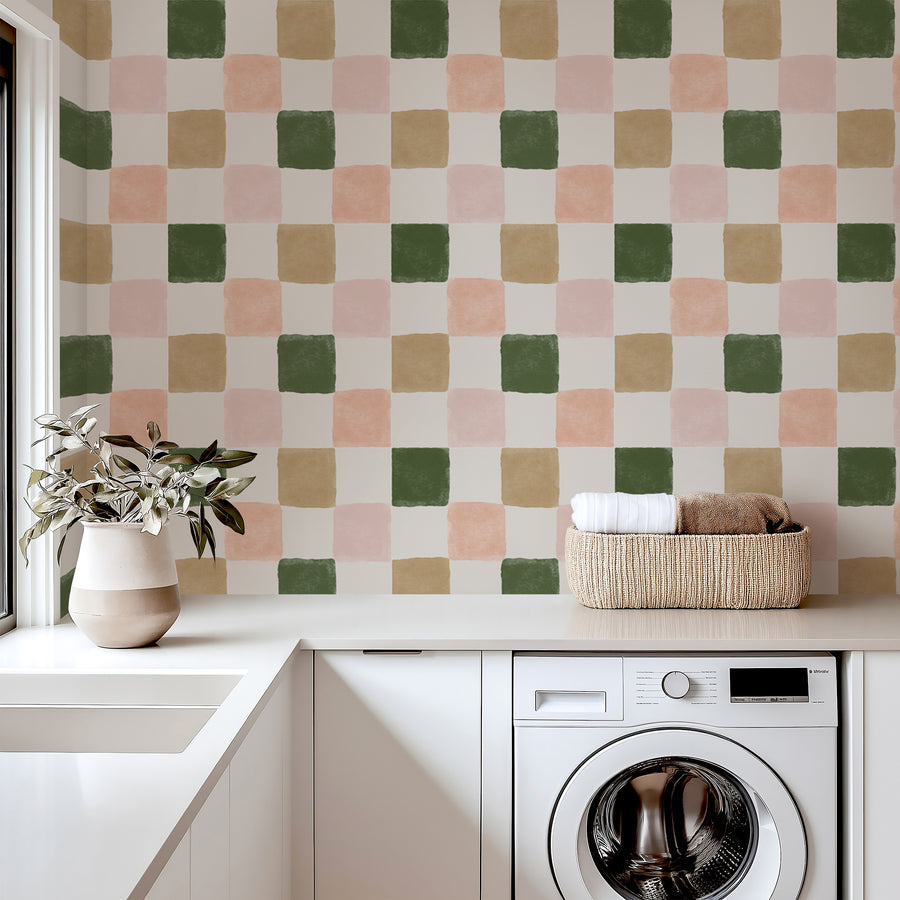 Warm Green and Pink Checkered Wallpaper - Earthy & Pastel Tones Wallpaper