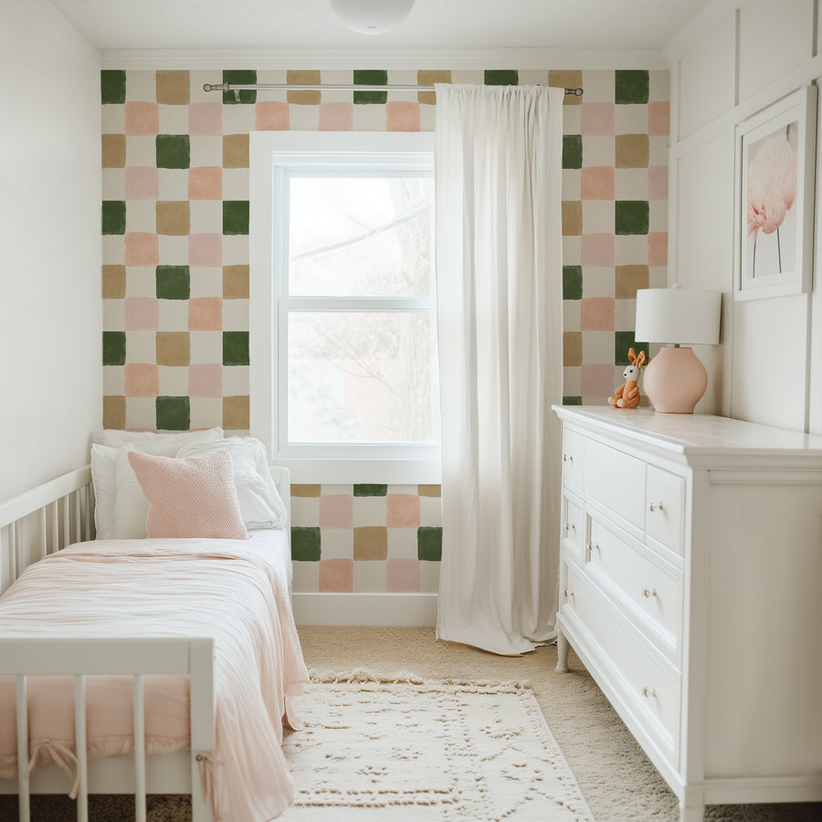 Warm Green and Pink Checkered Wallpaper - Earthy & Pastel Tones Wallpaper
