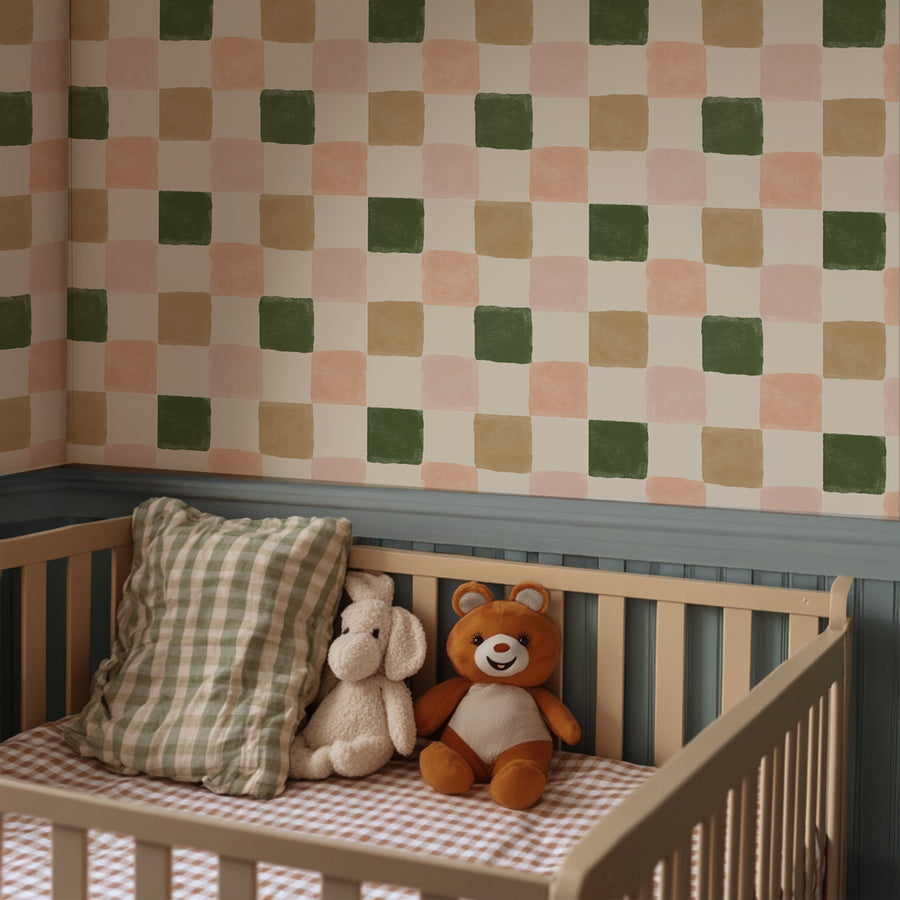 Warm Green and Pink Checkered Wallpaper - Earthy & Pastel Tones Wallpaper